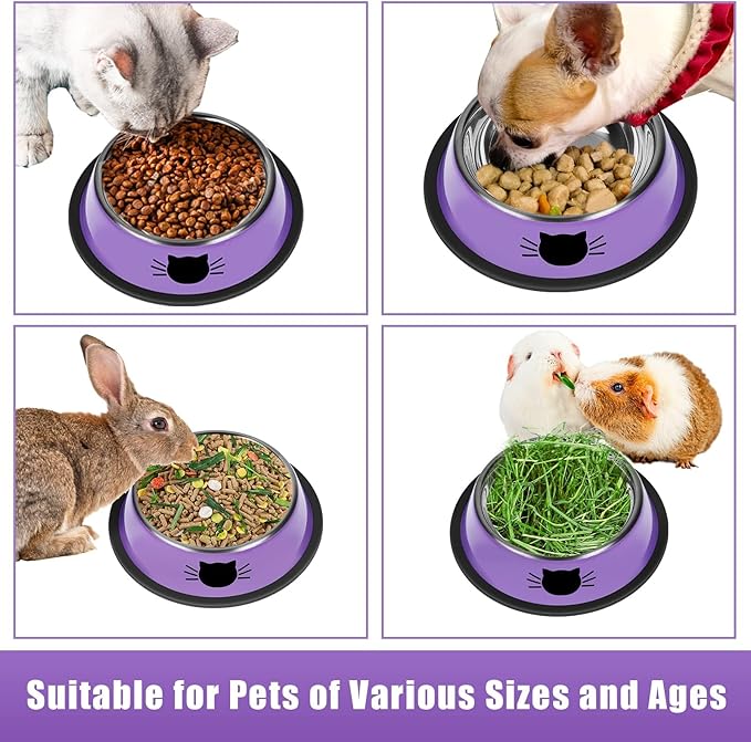 2 Pcs Non-Slip Stainless Steel Small Cat Food Bowls - Unbreakable, 7 Oz, Suitable for Indoor Small Pets - Removable Rubber Base, Easy to Clean, Lovely Color