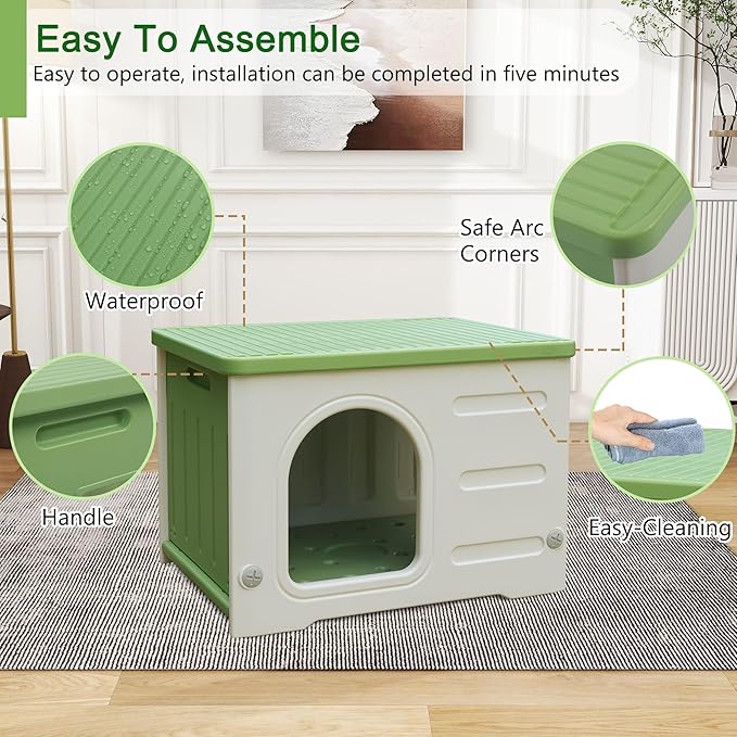 Plastic Cat House for Outdoor Indoor, Waterproof Outdoor Cat House with Escape Door for Feral Cats Outside Cat Shelter for Small Pet, Spacious, Assemble Easily -Green