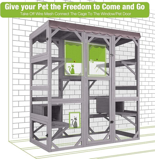 GUTINNEEN Catio Large Cat House Outdoor Walk in Outdoor Cat Enclosure Indoor Cage Kitty Condo Playpen with Door, Platform & Small House - 62.6"