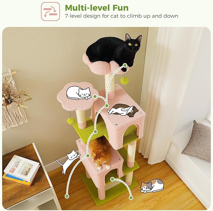 PAWZ Road Pink Flower Cat Tree Tower 62 Inches Cat Tree with 2 Condos,2 Flower Perches,4 Scratching Posts & 1 Scratching Board, and 2 Hanging Balls for Indoor Cats