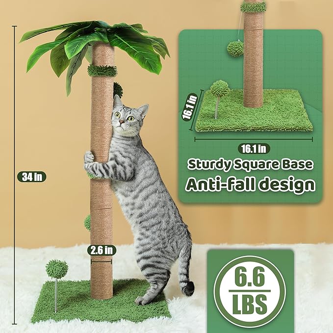 Cat Scratching Post, 34'' Tall Cat Scratchers for Indoor Cats with Hanging Balls, Tall Cute Sisal Kitten Scratch Post with Reinforced Stable Base, Green, Medium