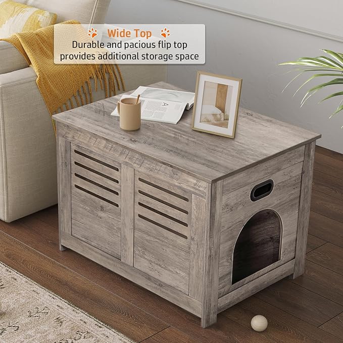 DINZI LVJ Litter Box Enclosure, Flip Top Litter Box Furniture, Hidden Cat Washroom, Wooden Cat House, End Table, 31.5" L x 19.7" W x 19.7" H, Good Ventilation, Easy to Assemble, Greige