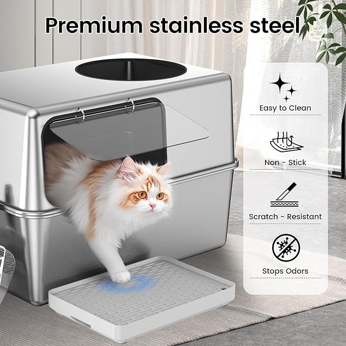 Stainless Steel Litter Box with Lid – Dog Proof, XL Enclosed Metal, High Side, Odor Control, for Big Cats & Multi-Cat Household, Black, Dubble Entry (Top and Side)