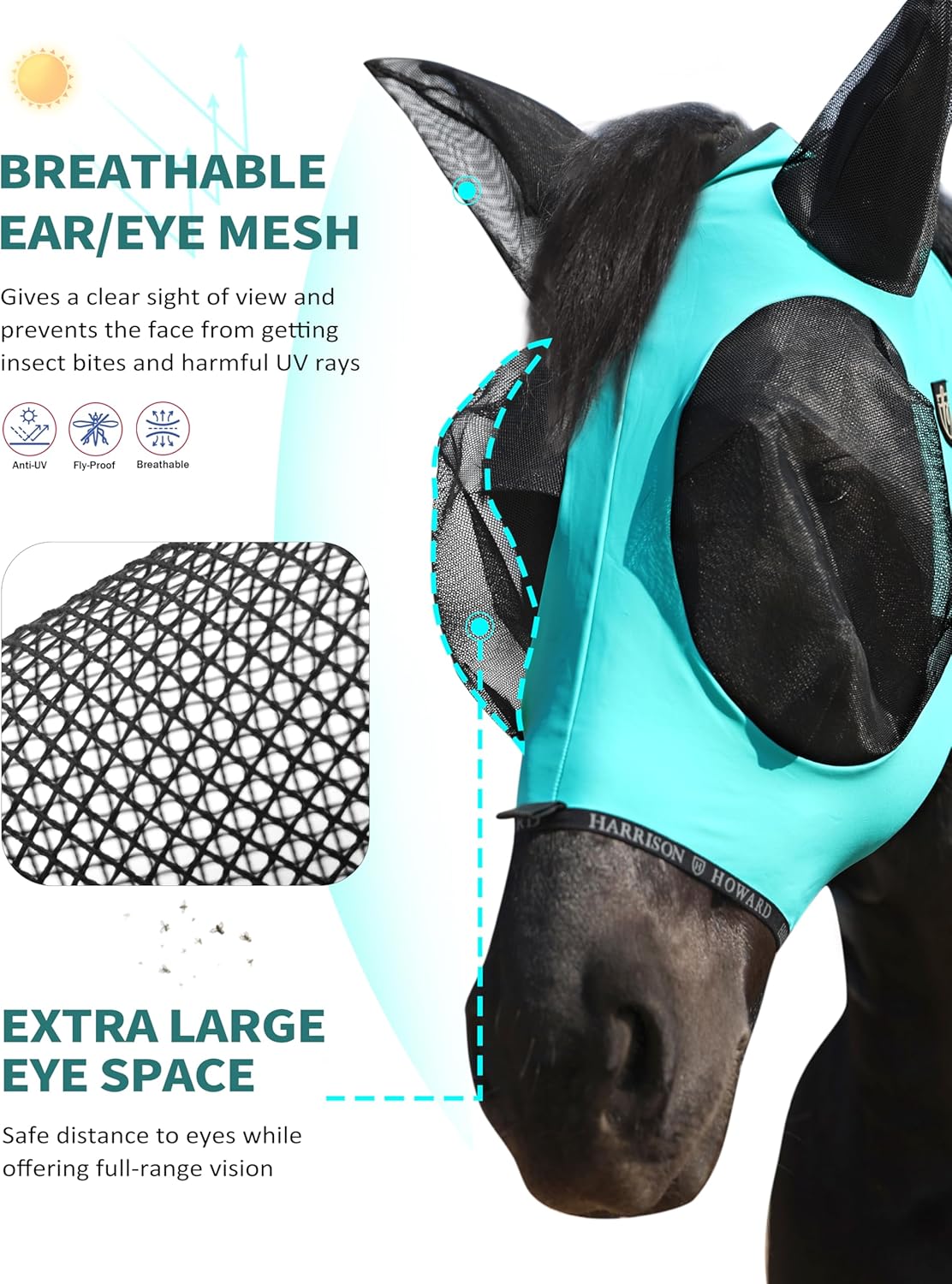 Harrison Howard Horse Fly Mask with Forelock Opening Stretch Breathable and Comfortable for Horses UV -Protection Turquoise Green M