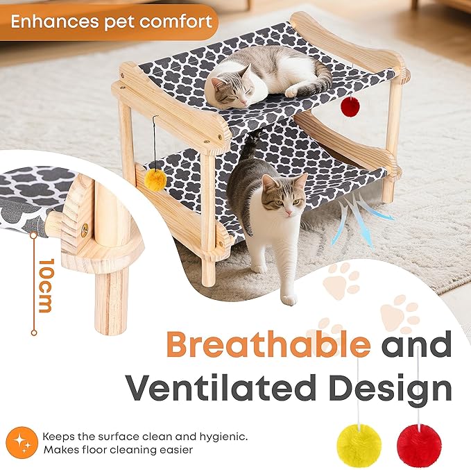 2-Layer Cat Hammock Bed, 24"x15.7"x16.3" Elevated Cat Bed with Pine Wood Frame, Breathable Washable Covers, Wooden Pet Furniture for Indoor Cats and Small Animals (Grey-2)