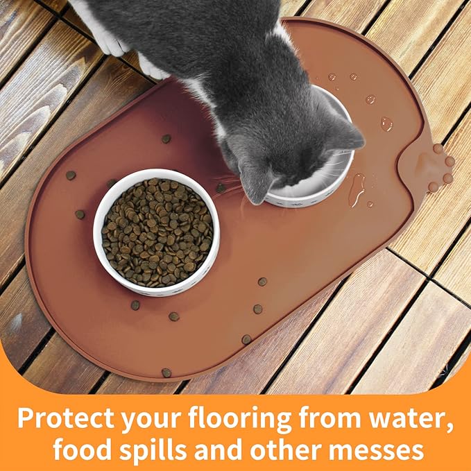 KPWACD Pet Placemat for Dog and Cat, Waterproof Silicone Dogs Feeding Bowl Mat Prevent Food and Water Overflow, High-Lips Puppy Dish Mats Suitable for Small Medium Big Pets, Brown, 19" * 12"