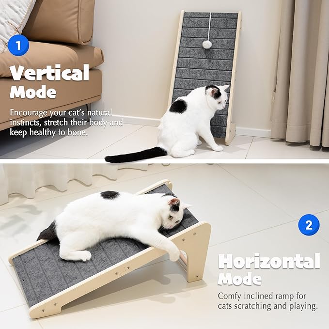 PETKARAY Felt Cat Scratcher, L Shaped Scratching Pad, Scratch Resistant Carpet Scratcher Ramp, Slot-Free Scratch Board with Toy Ball, Dark Grey