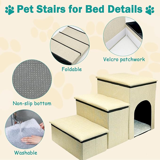 Fhiny Dog Stairs with Storage, 3-Steps Foldable Pet Stairs for Small Dogs Non-Slip Puppy Steps with Condo for High Bed & Couch Dog Ramp for Old Dogs and Cats, Holding up to 160 lbs Pets (Khaki)