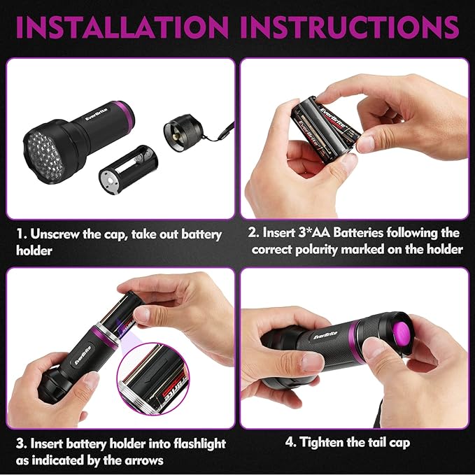 EverBrite UV Flashlight, 51 LED Blacklight Flashlights, 395nm Black Light Flashlight for Pet Urine Detection, Scorpions, Dry Stains, Bed Bug (Batteries Included)