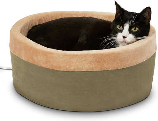 K&H Pet Products Thermo-Kitty Bed Heated Cat Beds for Indoor Cats & Dogs, Calming Warming Pillow Pet Bed, Machine Washable, Removable Heater, Safety Listed - Small 16" Round Sage/Tan