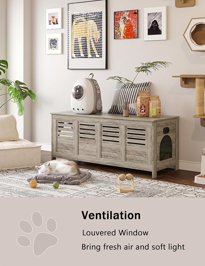 DINZI LVJ Litter Box Enclosure Furniture for 2 Cats, Top Opening Hidden Litter Box with Double Rooms, Dual Cat House with Good Ventilation, 47.2" Wooden Washroom, Cabinet, Gray Wash