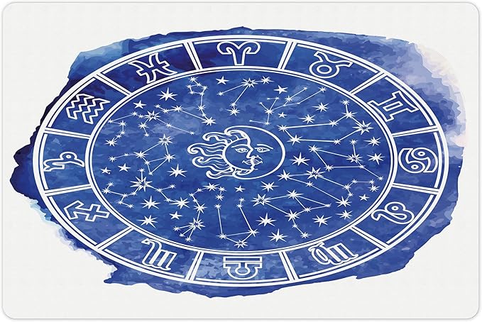 Lunarable Sun and Moon Pet Mat for Food and Water, Zodiac Circle Watercolor Backdrop Astrology Divination Fantasy Mystic, Non-Slip Rubber Mat for Dogs and Cats, 18" X 12", Blue White
