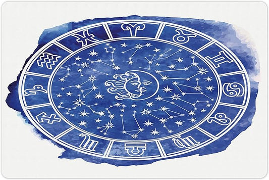 Lunarable Sun and Moon Pet Mat for Food and Water, Zodiac Circle Watercolor Backdrop Astrology Divination Fantasy Mystic, Non-Slip Rubber Mat for Dogs and Cats, 18" X 12", Blue White