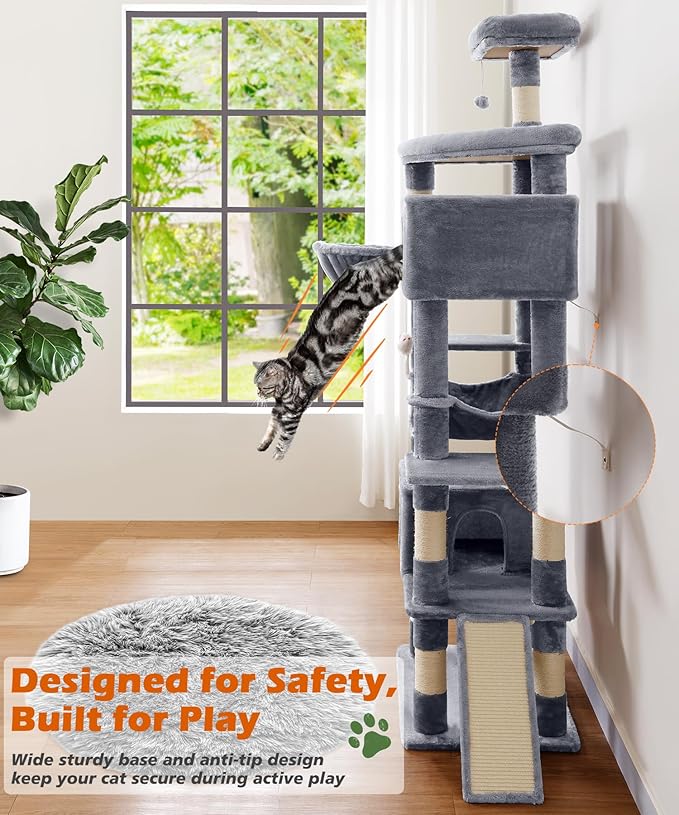 AMHANCIBLE Large Cat Tree, 83 Inch Multi-Level Tall Tower for Indoor Adult Cats, with Scratching Post and Board, Hammock, Condos, Hanging Basket, Activity Center to Play and Sleep, Grey, PT21GY