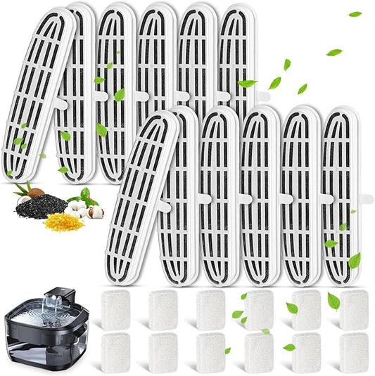 24 Pack Cat Water Fountain Filters for OPOWO 108oz / 3.2L Wireless Cat Fountain, Replacement Filters for FT999 Pet Water Fountain, 12 PCS Pump Sponges + 12 PCS Filter