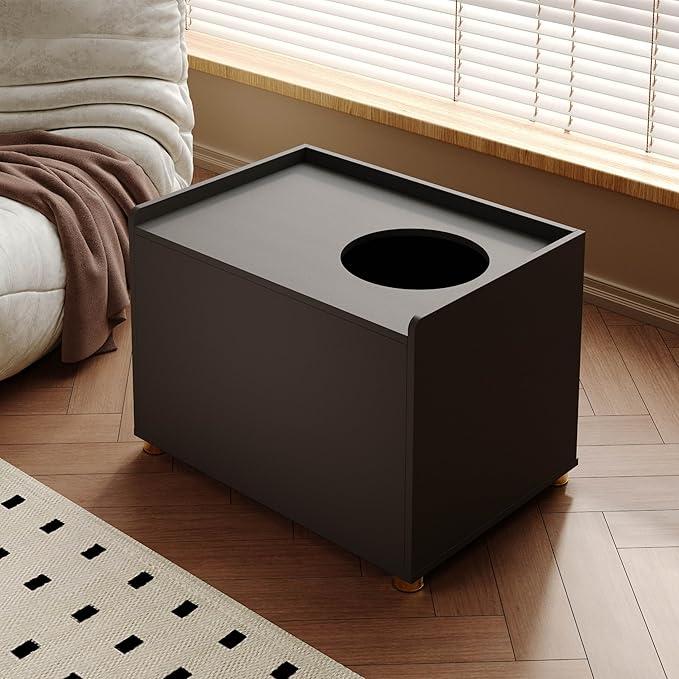 Top Entry Litter Box Enclosure, Modern Flip Top Litter Box Furniture with Cat Scratch Mat, Side Table (Black)