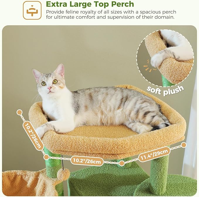 PAWZ Road Tall Cat Tower, 70 Inch Cat Tree with Hammock, 5 Scratching Posts, 2 Condos and a Large Top Perches for Large Cats-Cactus Green