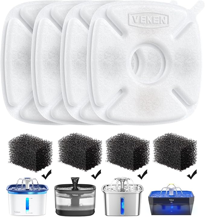 Veken Cat Water Fountain Filter, Classic 4 Pack Replacement Filters & 4 Pack Replacement Pre-Filter Sponges for 50oz, 84oz, 95oz Automatic Pet Fountain Dog Water Dispenser
