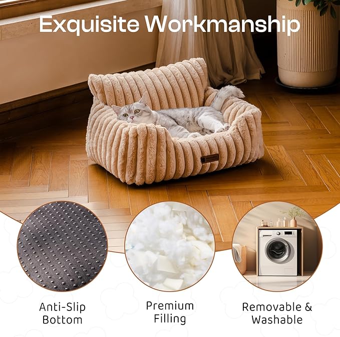 MEWOOFUN Cat Beds for Indoor Cats, Fluffy Cat Couch with Removable Washable Cover, Supportive Small Dog Beds for Puppy & Kitten up to 15 lbs (Camel, 24x19x12)