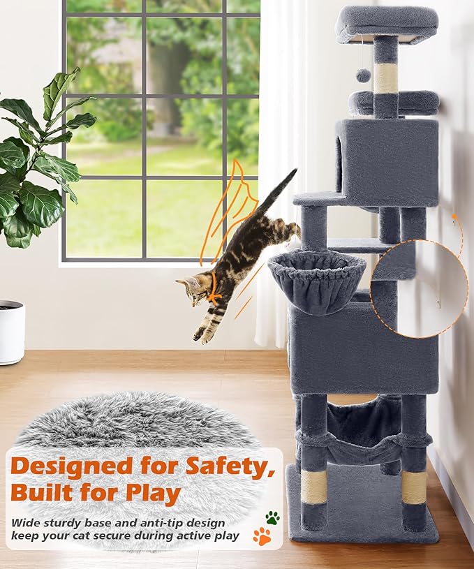 AMHANCIBLE Cat Tree, 70 Inch Tall for Indoor Adult Cats, Large Multi-Level Tower with Scratching Post, Hammock, Condos, Hanging Basket, Activity Center to Play and Sleep, Grey, PT18GY