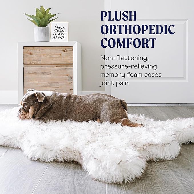 PupRug Orthopedic Dog Bed for Large Dogs with Fluffy Soft Faux Fur and Memory Foam for Joint Pain Relief, Machine Washable and Waterproof Couch Bed, White with Brown Accents, Medium