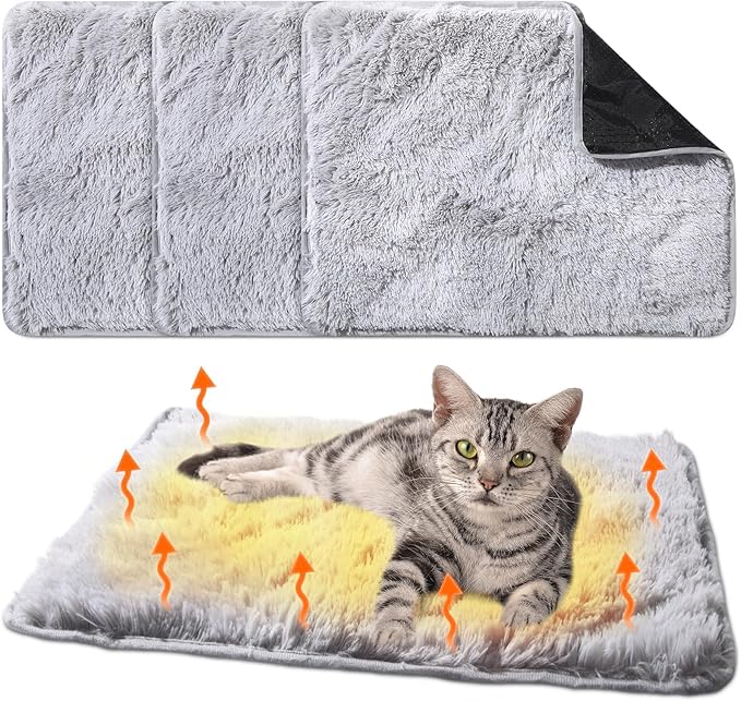 4 Pack Self Warming Cat Bed Pad Self Heating Dog Mat with Fluffy Faux Fur Plush Cat Calming Bed Thermal Mat Washable Pet Pad Anti Slip Bottom for Outdoor Indoor Pets(Grey,16" X 20")