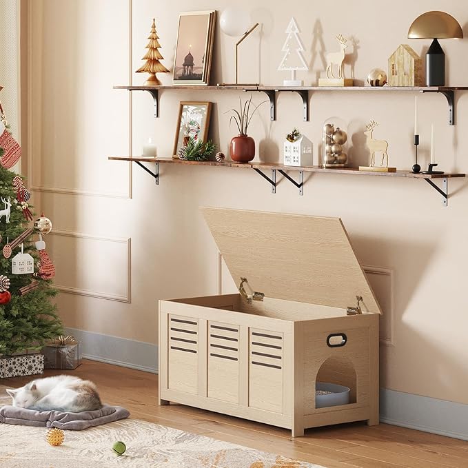 DINZI LVJ Litter Box Enclosure, Flip Top Litter Box Furniture, Hidden Cat Washroom, Wooden Cat House, End Table, 39.4" L x 19.7" W x 19.7" H, Good Ventilation, Easy to Assemble, Natural