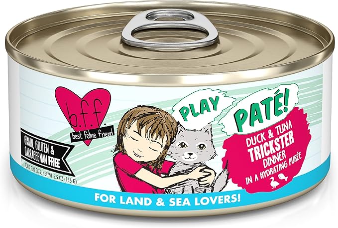 Weruva B.F.F. Play - Best Feline Friend Paté Lovers, Aw Yeah!, Duck & Tuna Trickster with Duck & Tuna, 5.5oz Can (Pack of 8)