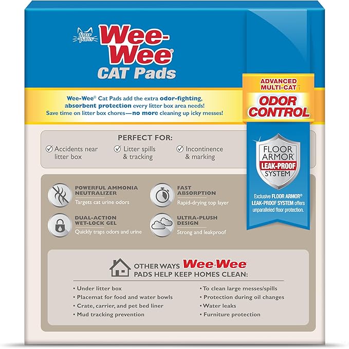 Four Paws Wee-Wee Cat Pee Pads, Disposable Litter Box Mats, Advanced Multi-Cat Odor Control, Fast Absorption Cat Box Pee Pads for Litter Tracking, 28" x 30", Unscented, 10 Count