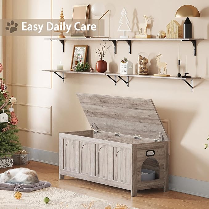 DINZI LVJ Cat Litter Box Enclosure, Flip Top Litter Box Furniture, Hidden Cat Washroom, 2-Entrances Wooden Pet House, 47.2" L x 18.7" W x 19.7" H, End Side Table, TV Stand, Easy to Assemble, Greige