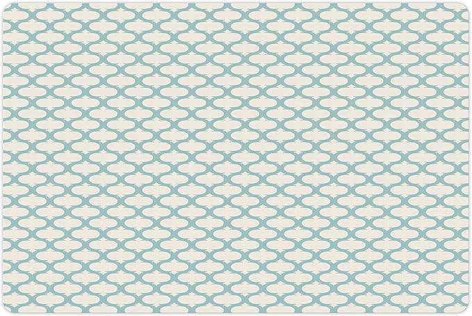 Lunarable Ikat Pet Mat for Food and Water, Mesh Patterns and Lines on Vintage Backdrop Retro Ikat Style Boho Print, Non-Slip Rubber Mat for Dogs and Cats, 18" X 12", Turquoise Cream
