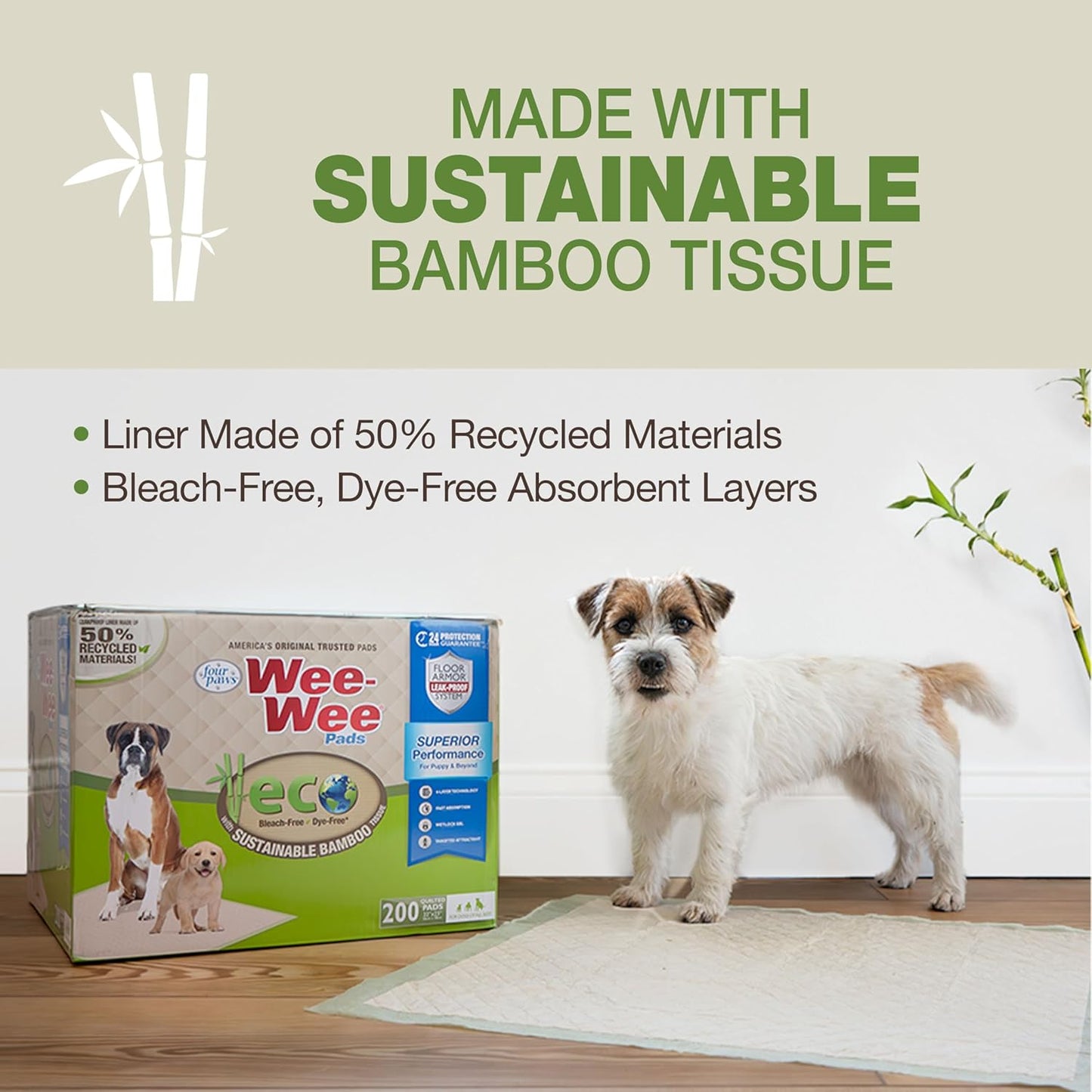 Four Paws Wee-Wee Superior Performance Bamboo Pee Pads for Dogs, Earth Friendly Dog & Puppy Potty Training Pads, Crate Liners, Housebreaking Supplies, 22" x 23" (100 Count)