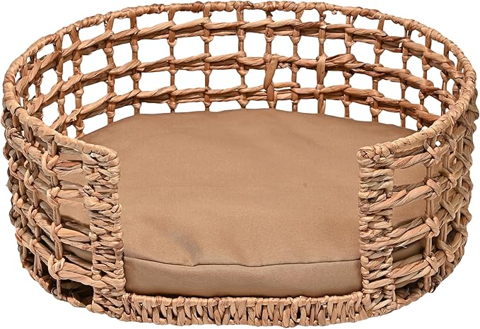 DBD4000A Gigi 24" x 18" Modern Bohemian Handwoven Hyacinth Open-Weave Oval Pet Bed with Machine-Washable Cushion, Natural