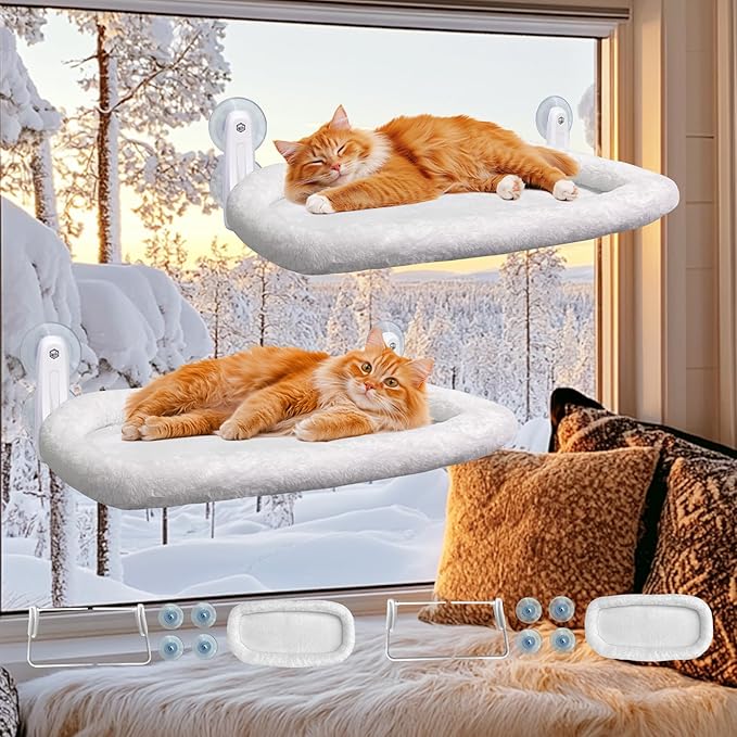L&W BROS. Window Perch 2 Pack Cat Hammock With 4 Suction Cups - Easy to Assemble 20.5"x 11.2" Window Bed for Large Heavy Cats Indoor (M 2Pc With Bed)
