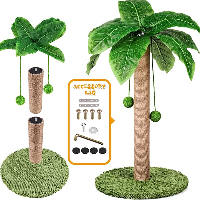 ZooZoo Cat Scratching Post, Cat Coconut Palm Tree for Indoor Kittens with Natural Sisal Scratch Pole Hanging Sisal Ropes and Balls, Cute 27" Tall Cat Scratcher for Cat and Kittens