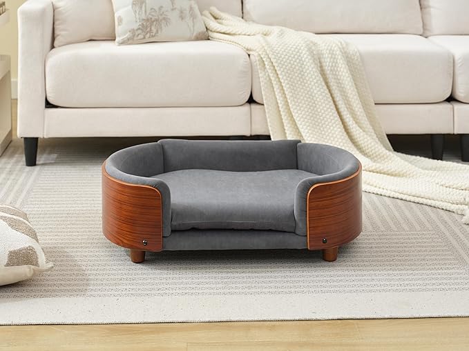 HomSof 30.7" Scandinavian Style Elevated Dog Bed Pet Sofa with Solid Wood Legs and Bent Wood Back,Velvet Cushion,Mid Size,Grey+Brown