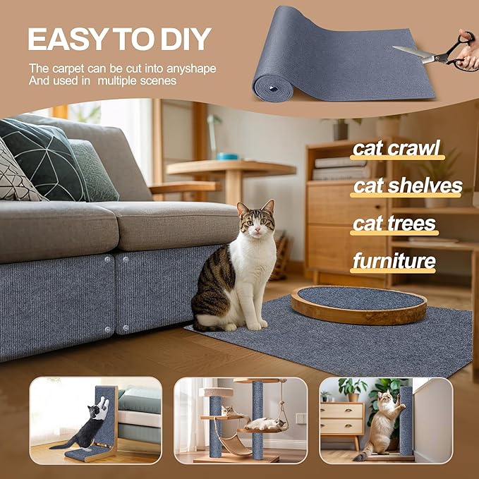 78.7"x15.8" Cat Scratch Mat Couch Furniture Protector,DIY Climb Cat Scratcher for Cat Couch Furniture or Wall Protector,Covering Cat Tower for Claws Scratching for Indoor (Light Gray)