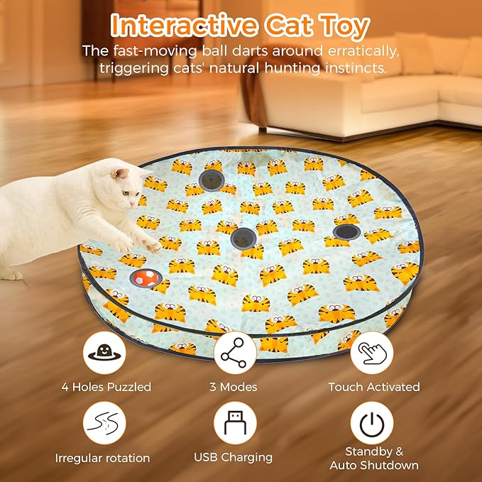 VIWIK Cat Toys for Bored Indoor Adult Cats, Interactive Automatic Motion Activated Kitten Ball Toy, Hide and Seek Mouse Catching Game, Low Noise Fast Rolling Ball in 4 Holes Play Mat