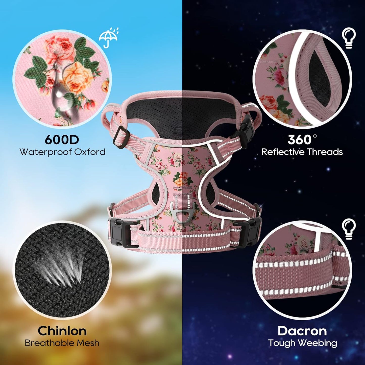 Timos Dog Harness, No-Pull Pet Harness with 2 Leash Clips, Adjustable Soft Padded Dog Vest, Reflective Outdoor Pet Oxford Vest with Easy Control Handle Pink XS