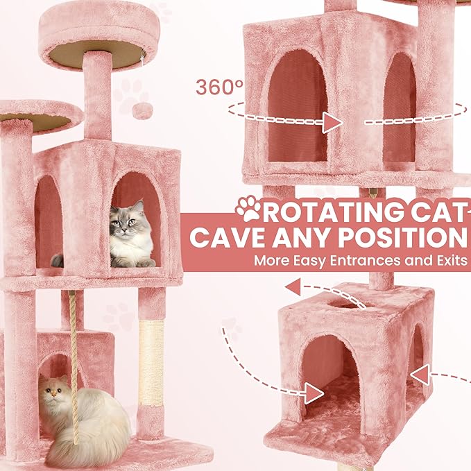 58.5inch Large Cat Tree Tower Condo for Indoor Cats, Soft Plush Multi-Level Climbing Tree Cat House with 1 360° Rotating Cat Cave, Scratching Post, More Entrance/Exit, Sisal Rope, Pink