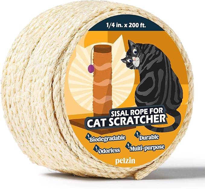 Natural Sisal Rope for Cat Scratcher 1/4 Inch by 200 Feet, Cat Tree Rope Twine for Cat Scratching Post Replacement, Cat Tower with Scratch Post Repairing, Replace, Recovering and DIY, White