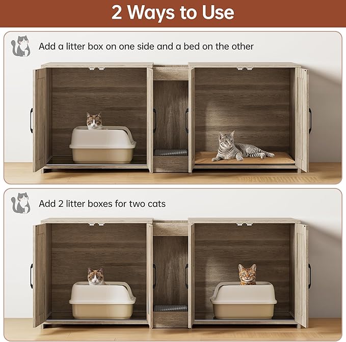 Cat Litter Box Enclosure Furniture - Hidden Litter Box Double Cabinet with Scratch Pad & Cats Bed | Farmhouse Style End Table for Cats | Discreet Cat Washroom for Living Room & Bedroom Grey