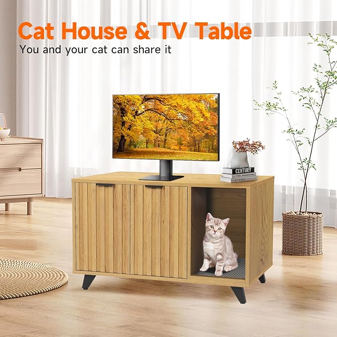 Cat Litter Box Enclosure, Modern Cat Litter Box Furniture Hidden, with Scratching Pad, 4 Metal Legs, Cat House, Natural Oak