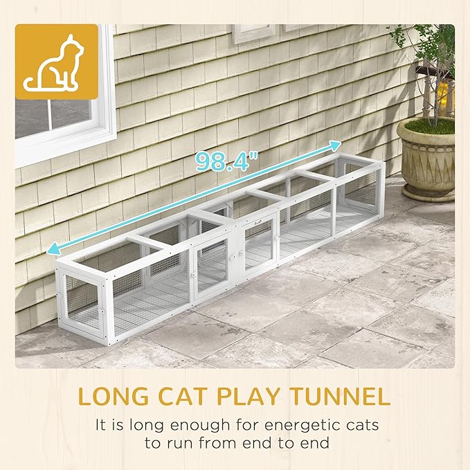 PawHut Cat Tunnel - Outdoor Wooden Tube with Combinable Design, 8 Doors, 98" Cat Toys for Kitty, Puppy, Pet, House, Window, Cage, White