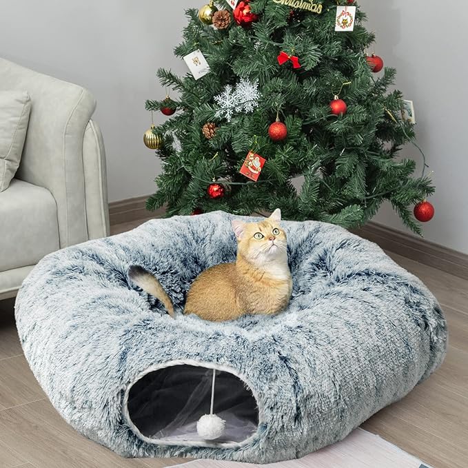 AUOON Cat Tunnel Bed - Cat Donut Tunnel with Soft Plush Circle Cushion for Indoor Cats Kitten Kitty Puppy Rabbit Ferret (Gray)
