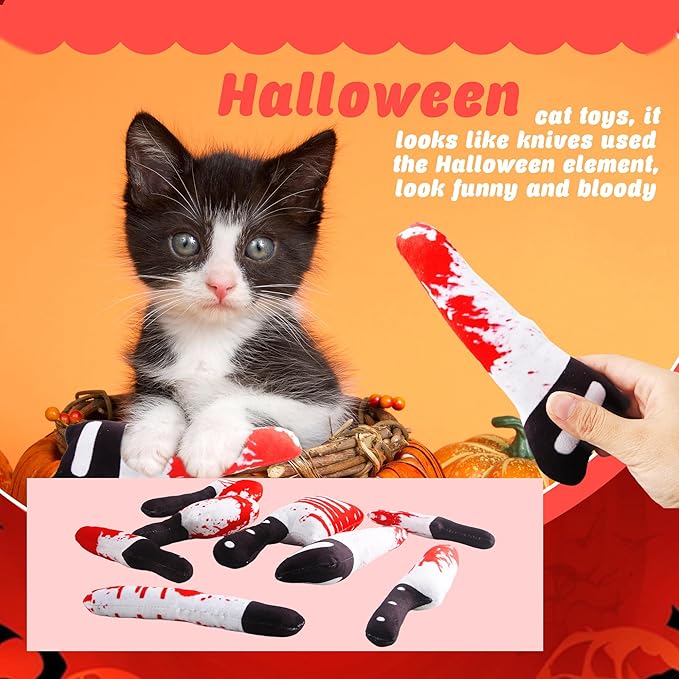 10 Pcs Knife Cat Toys Halloween Horror Cat Chew Toys Knife Shaped Catnip Toy for Halloween Cats Indoor Exercise Play Boredom Relief, 8 Styles