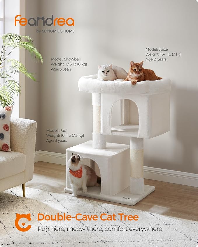 Feandrea Cat Tree, 39.8-Inch Cat Tower, XL, Cat Condo for Extra Large Cats up to 44 lb, Large Cat Perch, 2 Cat Caves, Scratching Post, Cream White UPCT614T01