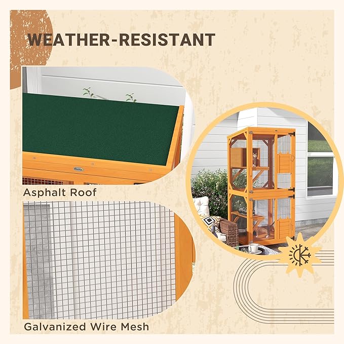 PawHut Wooden Catio with Waterproof Roof, Large Cat House with High-Up Resting Box, Indoor & Outdoor Cat Enclosure with Wheels, for 3-6 Cats, Orange