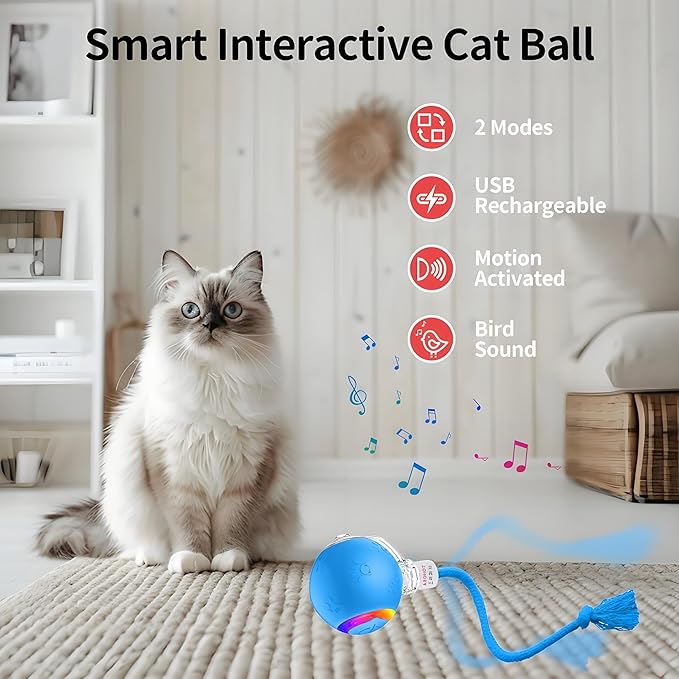 Interactive Cat Ball Toy – Motion Activated, RGB Lighting, 3 Motion Modes-Automatic Cat Ball for Bored Indoor Cats(Blue)