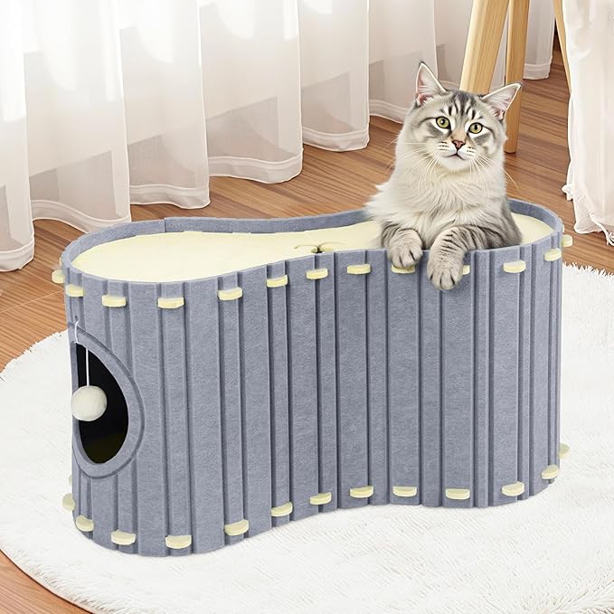 Babepets Cat House for Indoor Cats, Large Felt Bed Cave with Ball Hanging, Foldable Cat Condo, Scratch Resistant Peekaboo Hideaway for Multiple Pets up to 20Lbs, Cat Tunnel Enclosed Bed, Grey